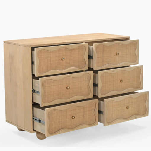 Boho Rustic Solid Light Mango Wood And Rattan Cane 6 Drawer Chest Of Drawers