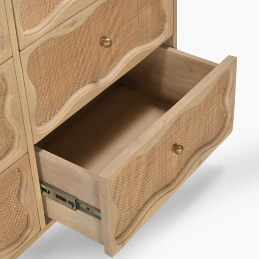 Boho Rustic Solid Light Mango Wood And Rattan Cane 6 Drawer Chest Of Drawers