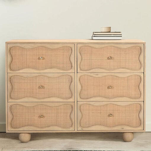 Boho Rustic Solid Light Mango Wood And Rattan Cane 6 Drawer Chest Of Drawers