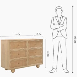 Boho Rustic Solid Light Mango Wood And Rattan Cane 6 Drawer Chest Of Drawers