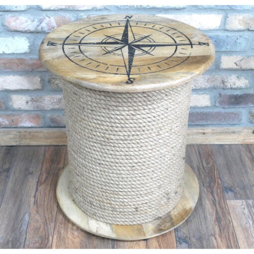 Boho Rustic Solid Light Mango Wood And Rope Nautical Compass Side Table
