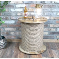 Boho Rustic Solid Light Mango Wood And Rope Nautical Compass Side Table