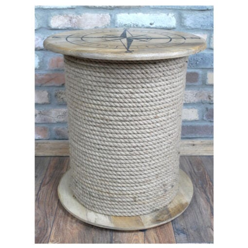 Boho Rustic Solid Light Mango Wood And Rope Nautical Compass Side Table
