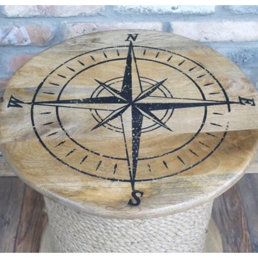 Boho Rustic Solid Light Mango Wood And Rope Nautical Compass Side Table