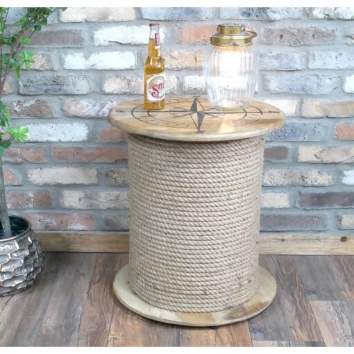 Boho Rustic Solid Light Mango Wood And Rope Nautical Compass Side Table