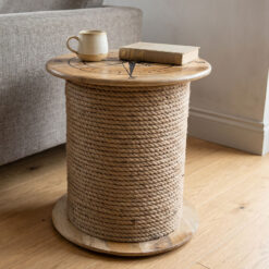 Boho Rustic Solid Light Mango Wood And Rope Nautical Compass Side Table