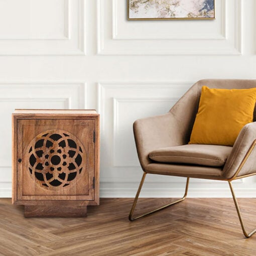 Boho Rustic Solid Light Mango Wood Carved Mandala 1 Door Bedside Cabinet Side Table