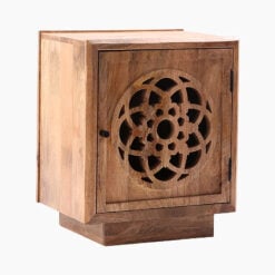 Boho Rustic Solid Light Mango Wood Carved Mandala 1 Door Bedside Cabinet Side Table