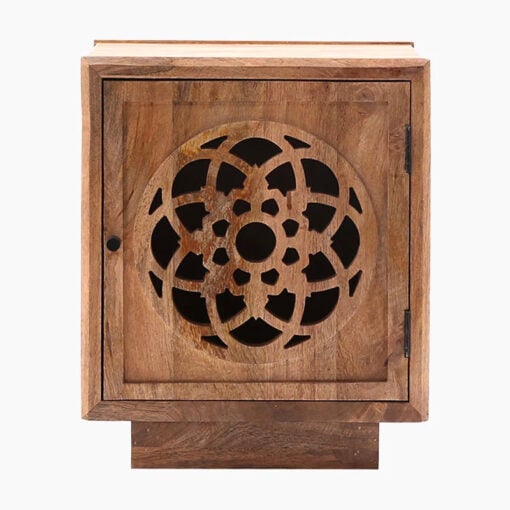 Boho Rustic Solid Light Mango Wood Carved Mandala 1 Door Bedside Cabinet Side Table