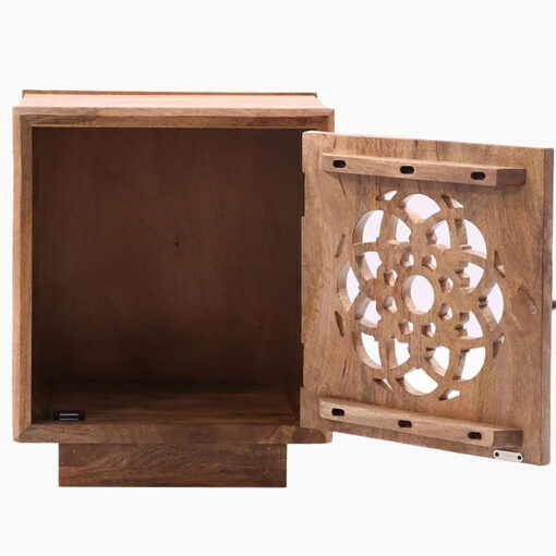 Boho Rustic Solid Light Mango Wood Carved Mandala 1 Door Bedside Cabinet Side Table