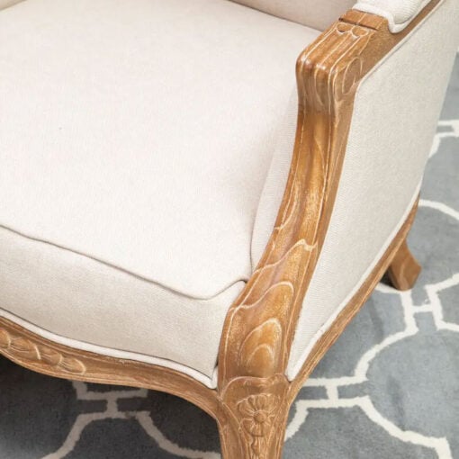 Boho Rustic Solid Light Wood And Cream White Fabric Dome Armchair Accent Chair