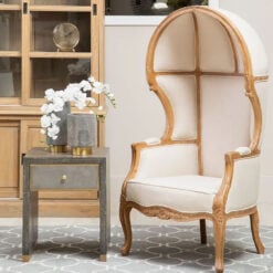 Boho Rustic Solid Light Wood And Cream White Fabric Dome Armchair Accent Chair