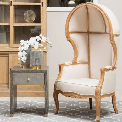 Boho Rustic Solid Light Wood And Cream White Fabric Dome Armchair Accent Chair