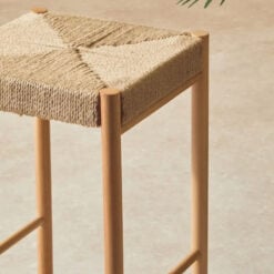 Boho Rustic Solid Light Wood Bar Stool With Woven Hemp Rope Seat 72cm