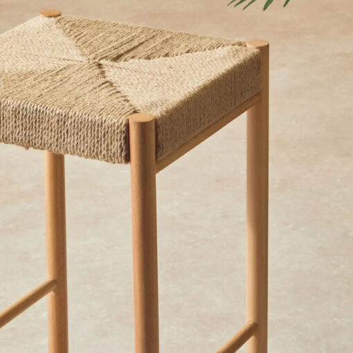 Boho Rustic Solid Light Wood Bar Stool With Woven Hemp Rope Seat 72cm