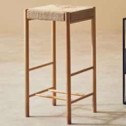 Boho Rustic Solid Light Wood Bar Stool With Woven Hemp Rope Seat 72cm