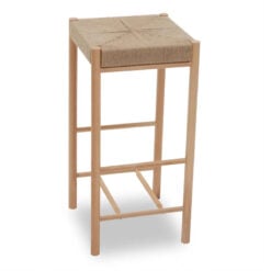 Boho Rustic Solid Light Wood Bar Stool With Woven Hemp Rope Seat 72cm