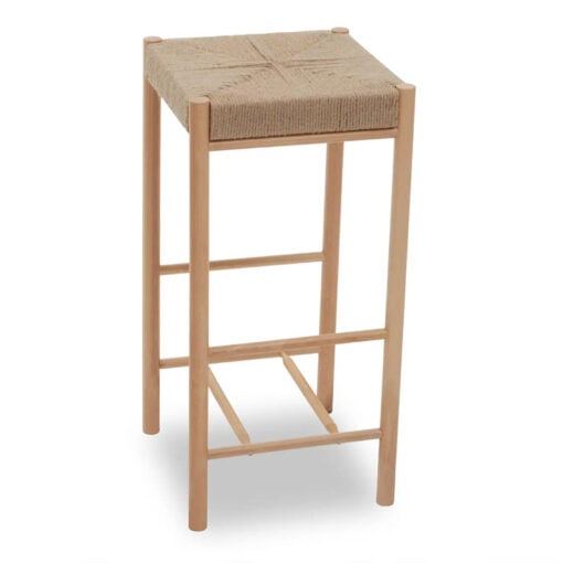 Boho Rustic Solid Light Wood Bar Stool With Woven Hemp Rope Seat 72cm