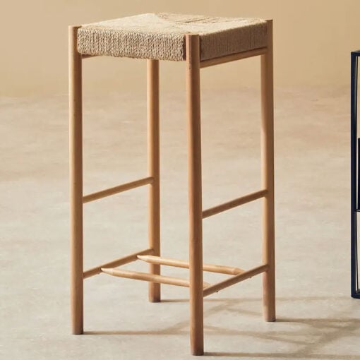 Boho Rustic Solid Light Wood Bar Stool With Woven Hemp Rope Seat 72cm