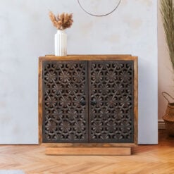 Boho Rustic Solid Mango Wood Carved Floral Pattern 2 Door Cabinet Sideboard