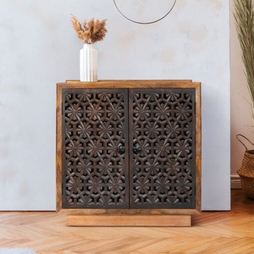 Boho Rustic Solid Mango Wood Carved Floral Pattern 2 Door Cabinet Sideboard