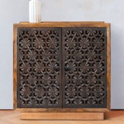 Boho Rustic Solid Mango Wood Carved Floral Pattern 2 Door Cabinet Sideboard