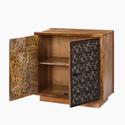 Boho Rustic Solid Mango Wood Carved Floral Pattern 2 Door Cabinet Sideboard