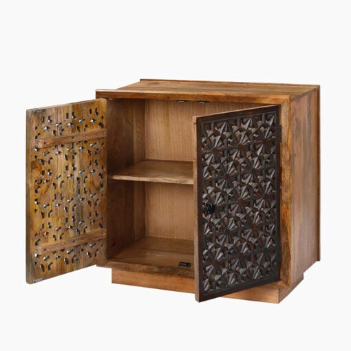 Boho Rustic Solid Mango Wood Carved Floral Pattern 2 Door Cabinet Sideboard