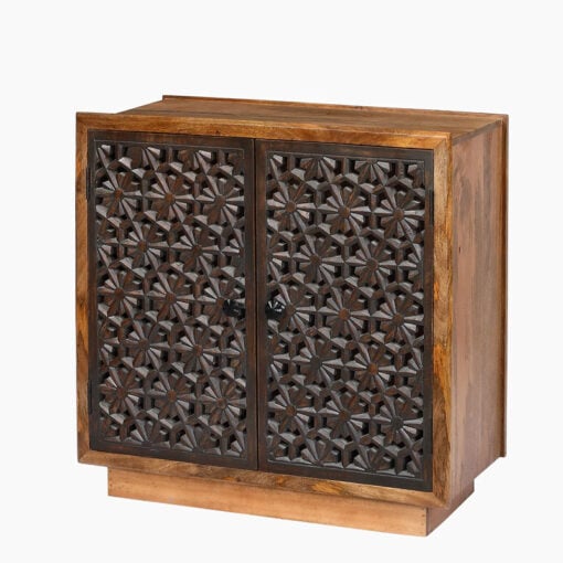 Boho Rustic Solid Mango Wood Carved Floral Pattern 2 Door Cabinet Sideboard