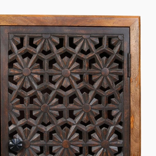 Boho Rustic Solid Mango Wood Carved Floral Pattern 2 Door Cabinet Sideboard