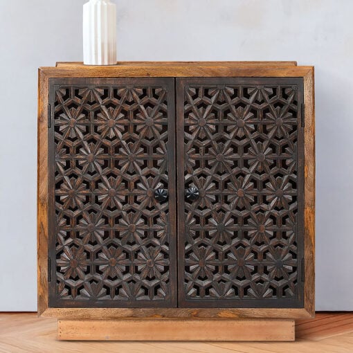 Boho Rustic Solid Mango Wood Carved Floral Pattern 2 Door Cabinet Sideboard