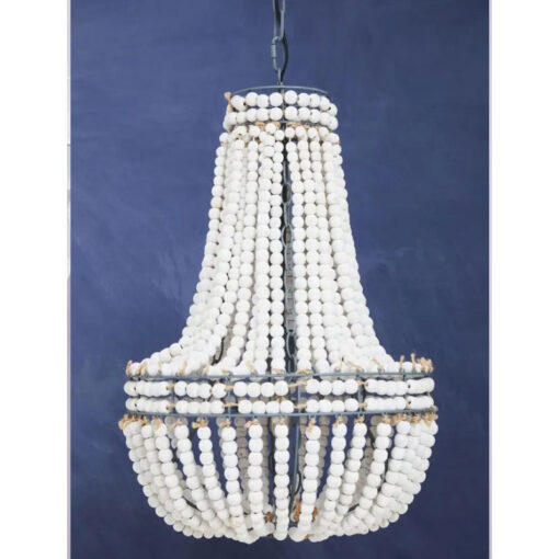 Boho Rustic White Wooden Beads And Grey Metal Tear Drop Chandelier Ceiling Pendant 46cm