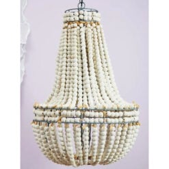 Boho Rustic White Wooden Beads And Grey Metal Tear Drop Chandelier Ceiling Pendant 46cm