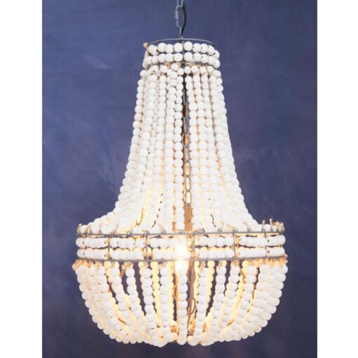Boho Rustic White Wooden Beads And Grey Metal Tear Drop Chandelier Ceiling Pendant 46cm