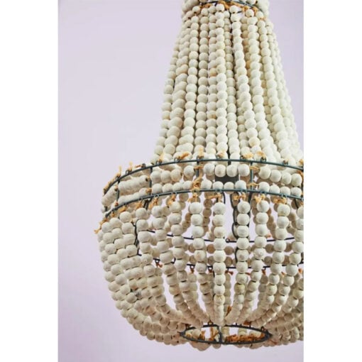 Boho Rustic White Wooden Beads And Grey Metal Tear Drop Chandelier Ceiling Pendant 46cm