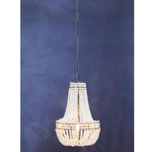Boho Rustic White Wooden Beads And Grey Metal Tear Drop Chandelier Ceiling Pendant 46cm