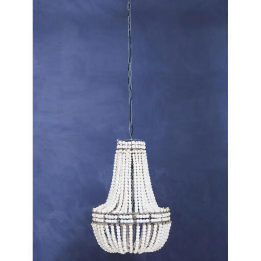 Boho Rustic White Wooden Beads And Grey Metal Tear Drop Chandelier Ceiling Pendant 46cm