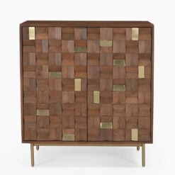 Boho Solid Mango Wood In Walnut Finish And Gold Brass Metal 2 Door Cabinet Sideboard