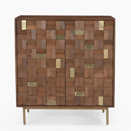 Boho Solid Mango Wood In Walnut Finish And Gold Brass Metal 2 Door Cabinet Sideboard