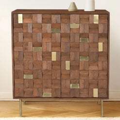 Boho Solid Mango Wood In Walnut Finish And Gold Brass Metal 2 Door Cabinet Sideboard