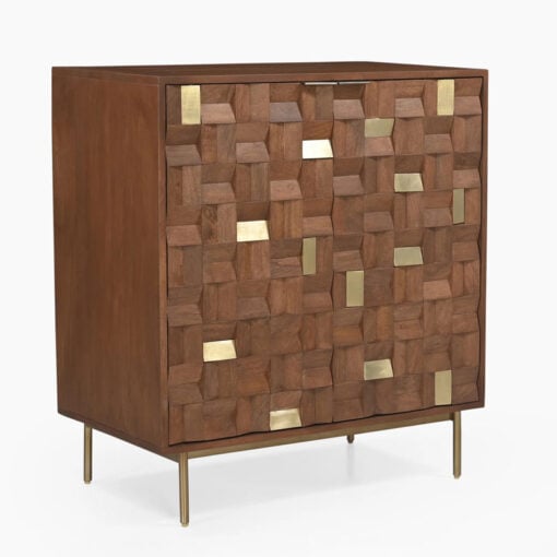 Boho Solid Mango Wood In Walnut Finish And Gold Brass Metal 2 Door Cabinet Sideboard