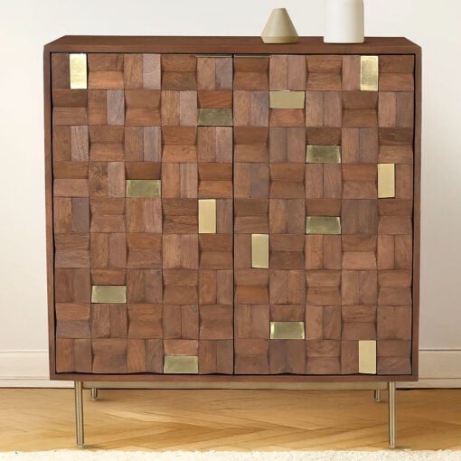 Boho Solid Mango Wood In Walnut Finish And Gold Brass Metal 2 Door Cabinet Sideboard