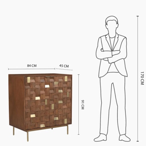 Boho Solid Mango Wood In Walnut Finish And Gold Brass Metal 2 Door Cabinet Sideboard