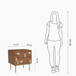 Boho Solid Mango Wood In Walnut Finish And Gold Brass Metal 2 Drawer Bedside Cabinet Side Table