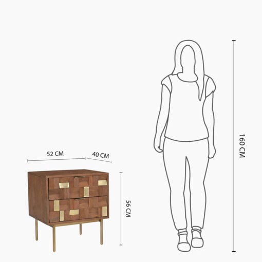Boho Solid Mango Wood In Walnut Finish And Gold Brass Metal 2 Drawer Bedside Cabinet Side Table