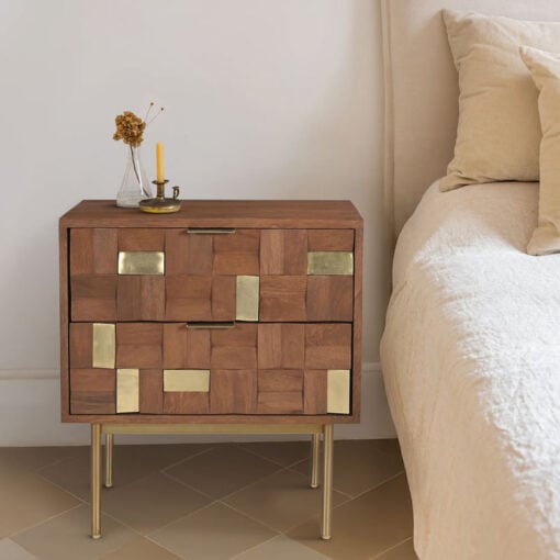 Boho Solid Mango Wood In Walnut Finish And Gold Brass Metal 2 Drawer Bedside Cabinet Side Table