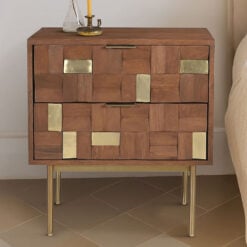 Boho Solid Mango Wood In Walnut Finish And Gold Brass Metal 2 Drawer Bedside Cabinet Side Table