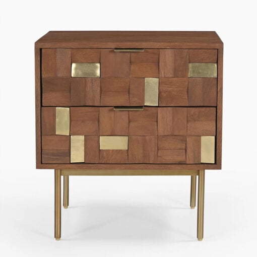 Boho Solid Mango Wood In Walnut Finish And Gold Brass Metal 2 Drawer Bedside Cabinet Side Table