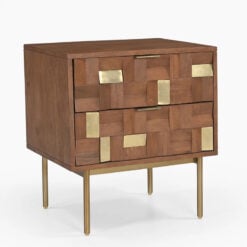 Boho Solid Mango Wood In Walnut Finish And Gold Brass Metal 2 Drawer Bedside Cabinet Side Table