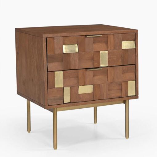Boho Solid Mango Wood In Walnut Finish And Gold Brass Metal 2 Drawer Bedside Cabinet Side Table